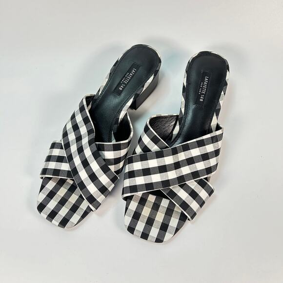Lafayette 148 NY Gingham Plaid Black White Cross Slide Block Heel Sandal W7.5 - Picture 1 of 8